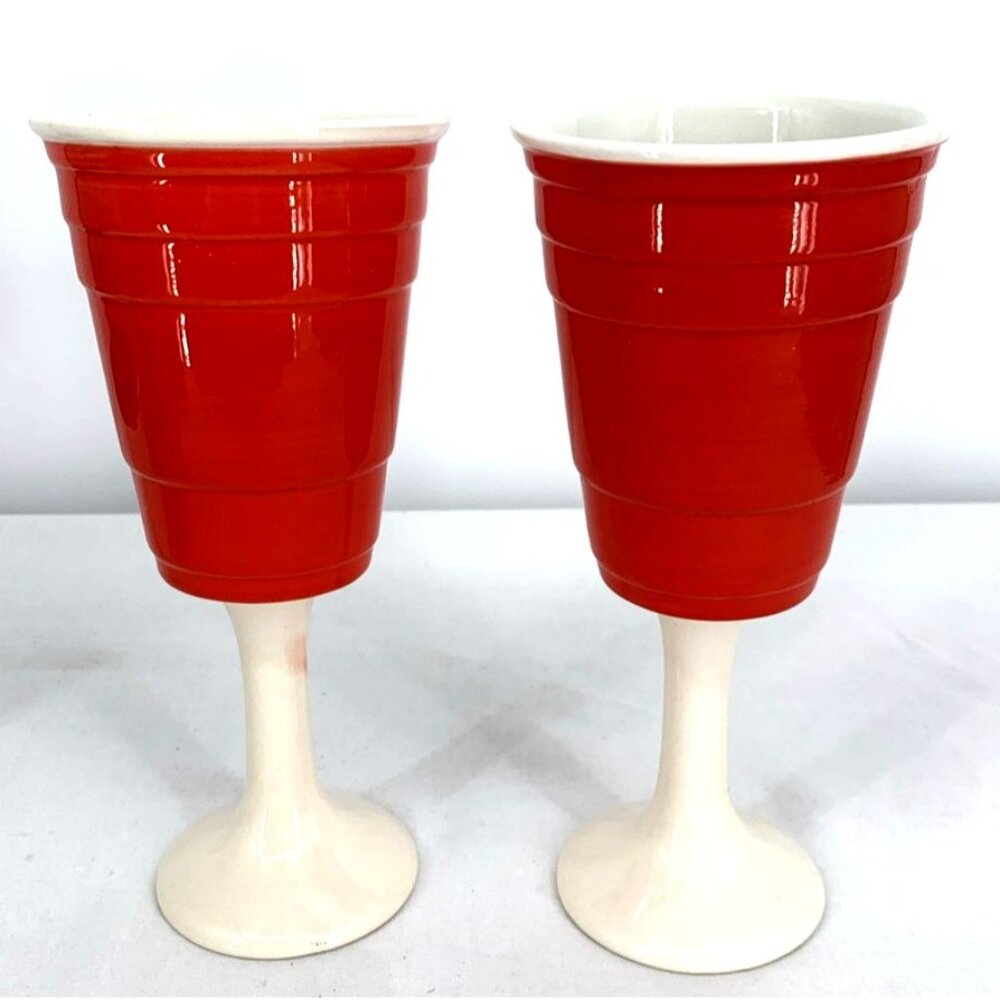 Red Solo Cup Living Reusable Stem Wine Cup Red Barware Ceramic 8" Lot of 2 - Picture 3 of 8